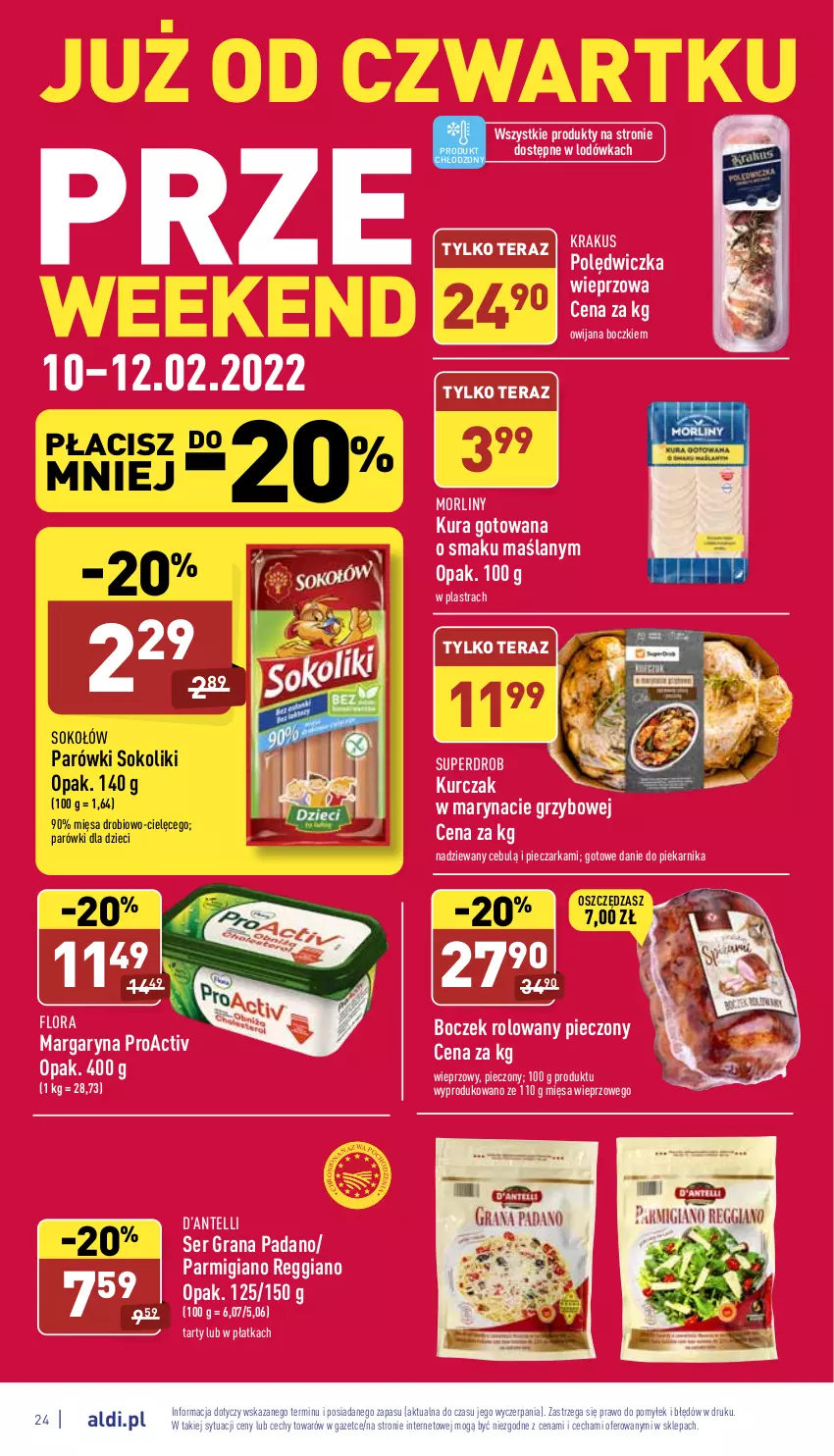 Gazetka promocyjna Aldi - Katalog spożywczy - ważna 07.02 do 12.02.2022 - strona 24 - produkty: Boczek, Dzieci, Flora, Gra, Krakus, Kurczak, Lodówka, Margaryna, Morliny, Parówki, Parówki sokoliki, Piec, Pieczarka, Piekarnik, Polędwiczka wieprzowa, Ser, Sok, Sokołów, Tera