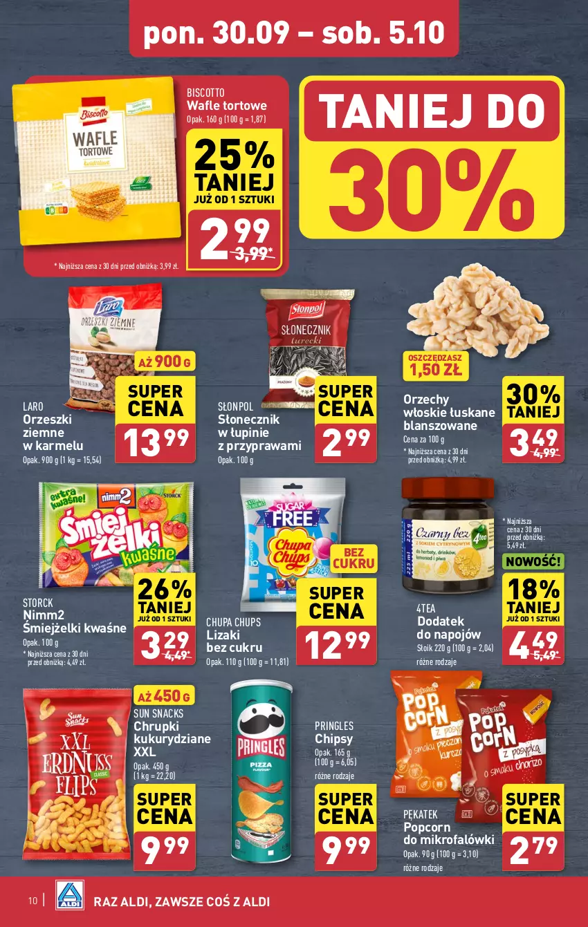 Gazetka promocyjna Aldi - Pełna oferta - ważna 30.09 do 05.10.2024 - strona 10 - produkty: Chipsy, Chrupki, Chupa Chups, Fa, Lizaki, Nimm2, Orzechy włoskie, Orzeszki, Orzeszki ziemne, Popcorn, Pringles, Słonpol, Wafle, Wafle tortowe