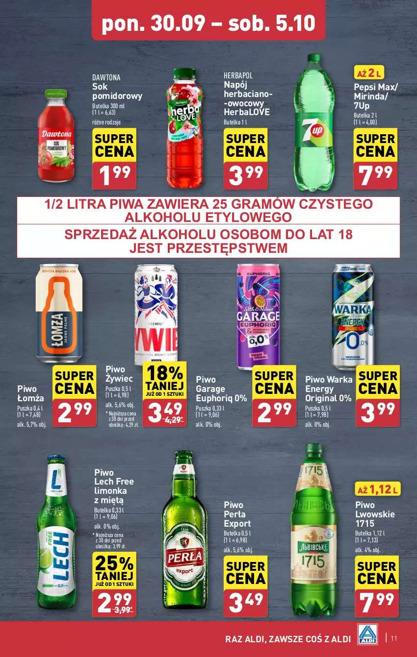 Gazetka promocyjna Aldi - Pełna oferta - ważna 30.09 do 05.10.2024 - strona 11 - produkty: 7up, Dawtona, Gin, Gra, Herbapol, Limonka, Mirinda, Napój, Pepsi, Pepsi max, Perła, Piwa, Piwo, Por, Sok, Sok pomidorowy, Warka