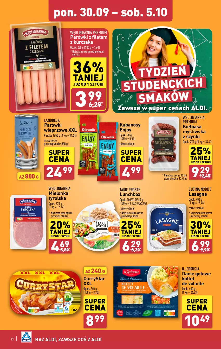 Gazetka promocyjna Aldi - Pełna oferta - ważna 30.09 do 05.10.2024 - strona 12 - produkty: Danie gotowe, Kabanos, Kiełbasa, Kotlet, Kurczak, Lasagne, Mielonka tyrolska, Parówki