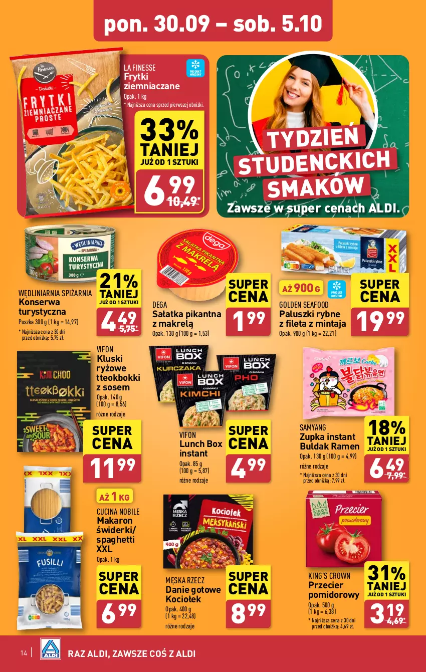 Gazetka promocyjna Aldi - Pełna oferta - ważna 30.09 do 05.10.2024 - strona 14 - produkty: Danie gotowe, Dega, Frytki, Golden Seafood, Koc, Konserwa turystyczna, Lunch box, Makaron, Makrelą, Mintaj, Paluszki rybne, Ryż, Sałat, Sałatka, Ser, Sos, Spaghetti