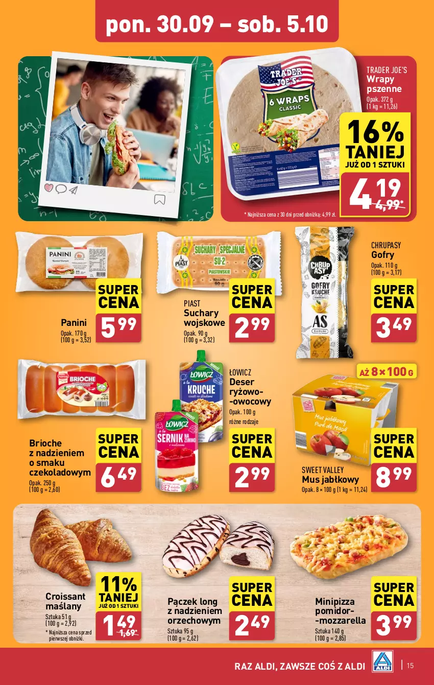 Gazetka promocyjna Aldi - Pełna oferta - ważna 30.09 do 05.10.2024 - strona 15 - produkty: Croissant, Deser, Gofry, Mozzarella, Mus, Pączek, Piast, Pizza, Ryż, Ser