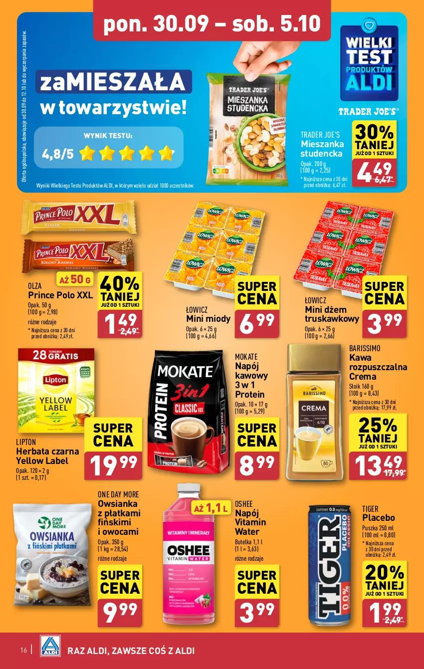 Gazetka promocyjna Aldi - Pełna oferta - ważna 30.09 do 05.10.2024 - strona 16 - produkty: Dżem, Herbata, Herbata czarna, Kawa, Kawa rozpuszczalna, Lipton, Mieszanka studencka, Napój, Oshee, Owsianka, Prince Polo, Tiger