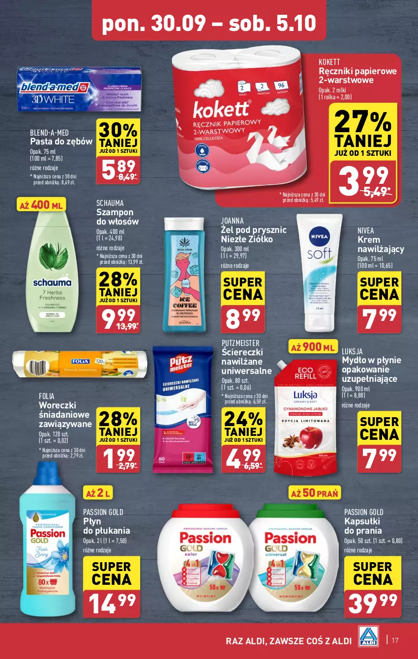 Gazetka promocyjna Aldi - Pełna oferta - ważna 30.09 do 05.10.2024 - strona 17 - produkty: Blend-a-Med, Danio, Joanna, Kapsułki do prania, Krem nawilżający, Luksja, Mydło, Mydło w płynie, Nivea, Papier, Pasta do zębów, Płyn do płukania, Putzmeister, Ręcznik, Ręczniki papierowe, Rolki, Schauma, Szampon