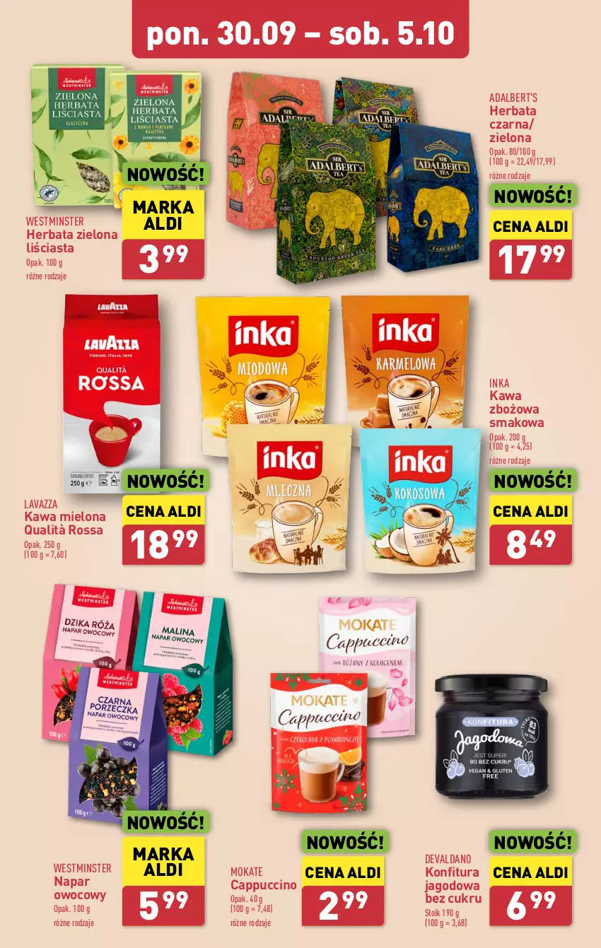 Gazetka promocyjna Aldi - Pełna oferta - ważna 30.09 do 05.10.2024 - strona 21 - produkty: Cappuccino, Herbata, Herbata czarna, Inka, Kawa, Kawa mielona, Kawa zbożowa, Konfitura, Lavazza