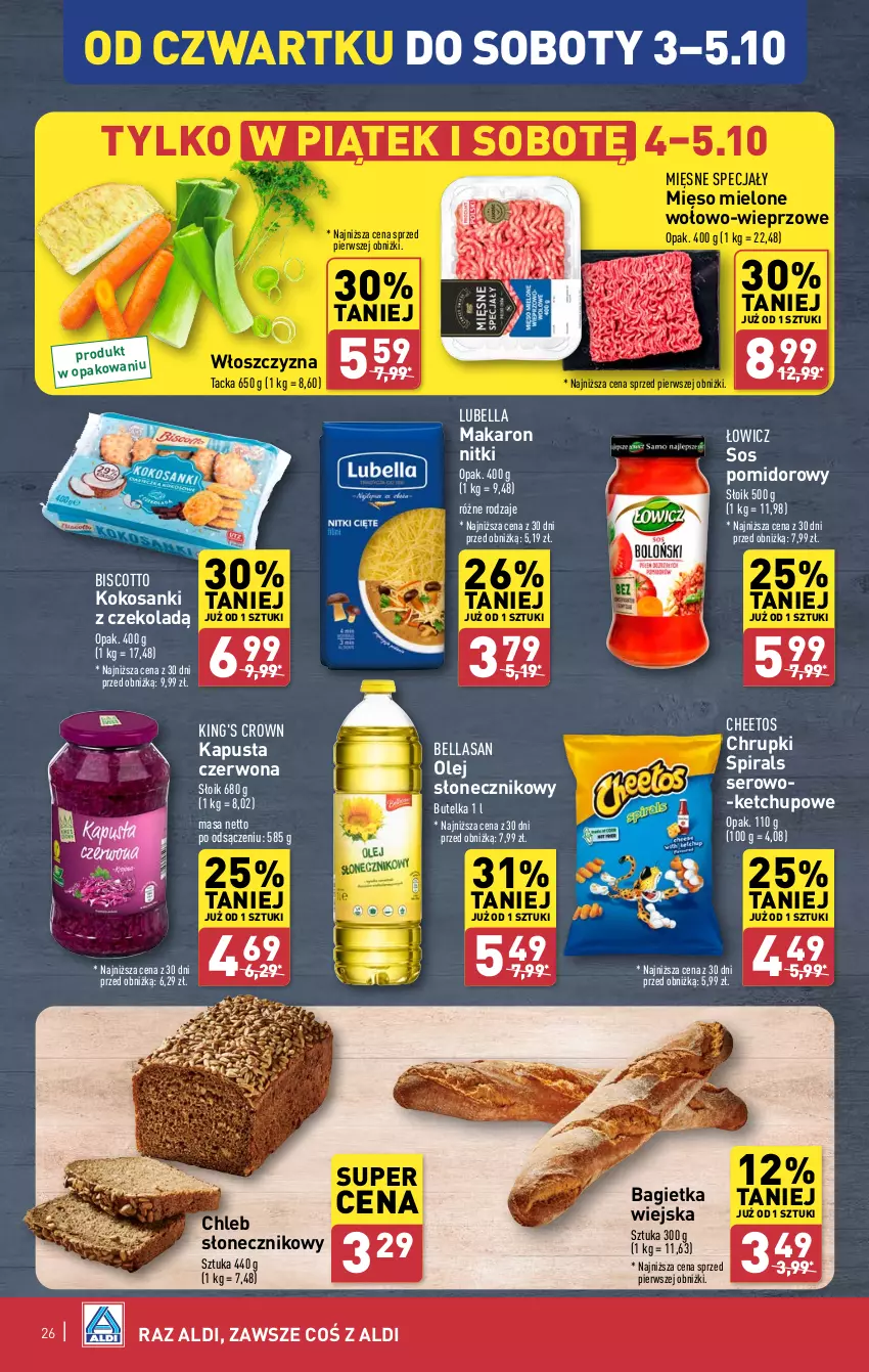 Gazetka promocyjna Aldi - Pełna oferta - ważna 30.09 do 05.10.2024 - strona 26 - produkty: Bagietka, Bell, Bella, Cheetos, Chleb, Chrupki, Ketchup, Kokos, Lubella, Makaron, Mięsne specjały, Mięso, Mięso mielone, Olej, Olej słonecznikowy, Sanki, Ser, Sos, Sos pomidorowy