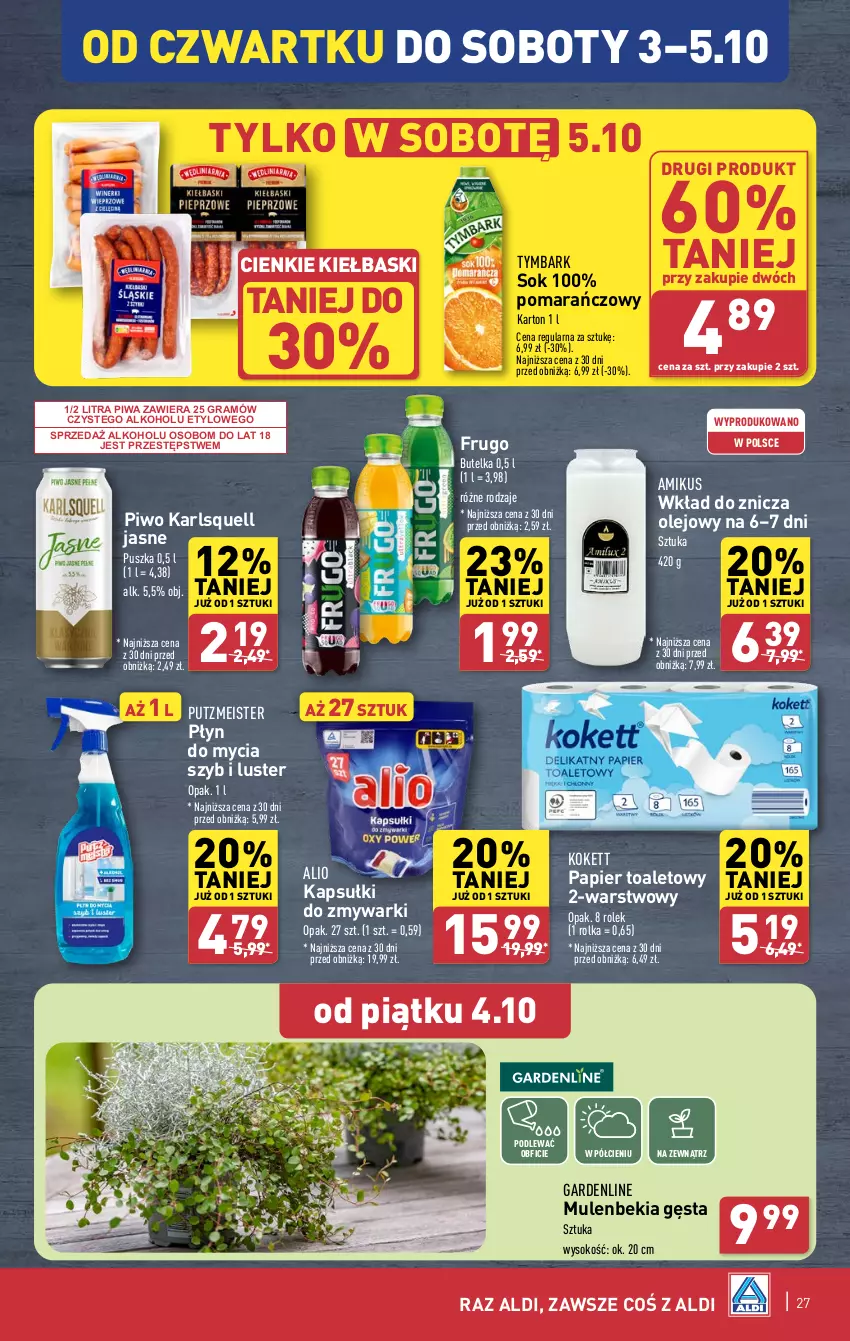 Gazetka promocyjna Aldi - Pełna oferta - ważna 30.09 do 05.10.2024 - strona 27 - produkty: Gra, Karlsquell, Mule, Olej, Papier, Papier toaletowy, Piwa, Piwo, Płyn do mycia, Putzmeister, Sok, Tymbark, Zmywarki, Znicz