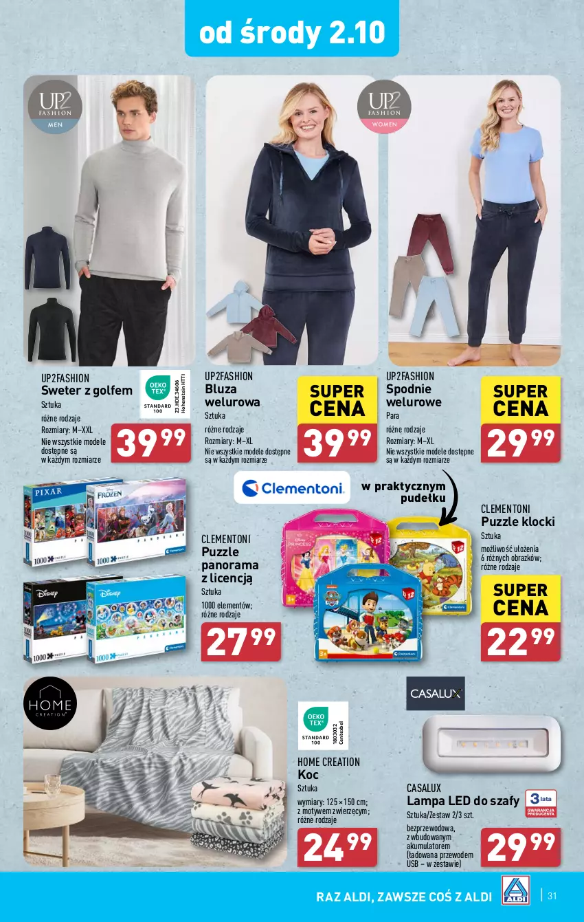 Gazetka promocyjna Aldi - Pełna oferta - ważna 30.09 do 05.10.2024 - strona 31 - produkty: Akumulator, Bluza, Fa, Klocki, Koc, Lampa, Lampa LED, Obraz, Puzzle, Rama, Spodnie, Spodnie welurowe, Sweter