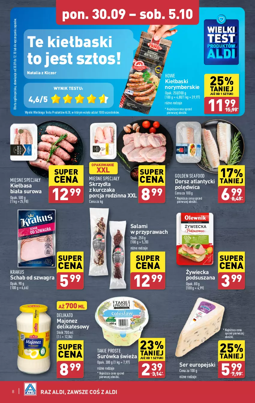 Gazetka promocyjna Aldi - Pełna oferta - ważna 30.09 do 05.10.2024 - strona 8 - produkty: Dorsz, Golden Seafood, Gra, Kiełbasa, Kiełbasa biała, Krakus, Kurczak, Majonez, Mięsne specjały, Polędwica, Por, Salami, Ser, Surówka