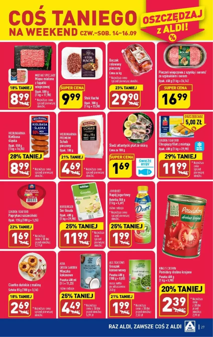 Gazetka promocyjna Aldi - ważna 11.09 do 16.09.2023 - strona 20 - produkty: All Seasons, Filet z mintaja, Golden Seafood, Jogurt, Mięsne specjały, Mintaj, Napój, Napój jogurtowy, Ser, Szpinak