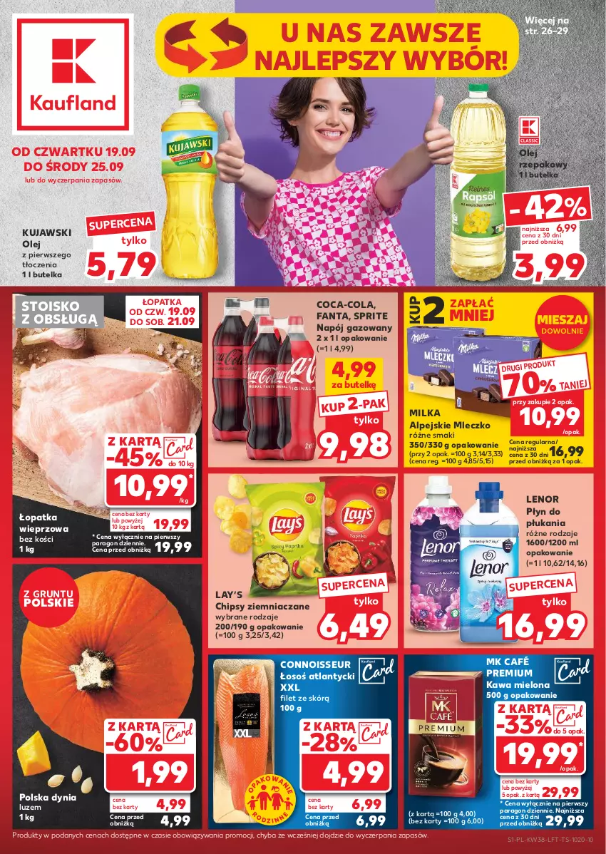 Gazetka promocyjna Kaufland - Gazetka tygodnia - ważna 19.09 do 25.09.2024 - strona 1 - produkty: Chipsy, Coca-Cola, Fa, Fanta, Grunt, Kawa, Kawa mielona, Kujawski, Lay’s, Lenor, Milka, Mleczko, Napój, Napój gazowany, Olej, Olej rzepakowy, Płyn do płukania, Sprite