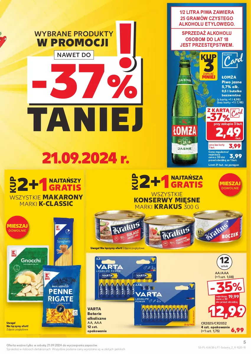 Gazetka promocyjna Kaufland - Gazetka tygodnia - ważna 19.09 do 25.09.2024 - strona 5 - produkty: Baterie alkaliczne, Gra, Krakus, Makaron, Piwa, Piwo, Piwo jasne, Ser, Varta, Waga