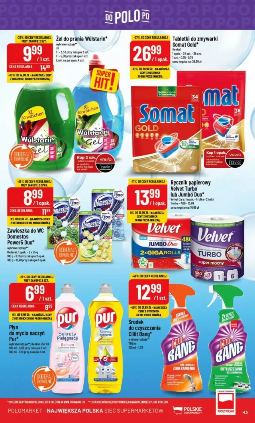 Gazetka promocyjna PoloMarket - ważna 30.08 do 05.09.2023 - strona 38 - produkty: Domestos, Papier, Ręcznik, Somat, Somat gold, Tablet, Tabletki do zmywarki, Velvet, Zawieszka do wc, Zmywarki