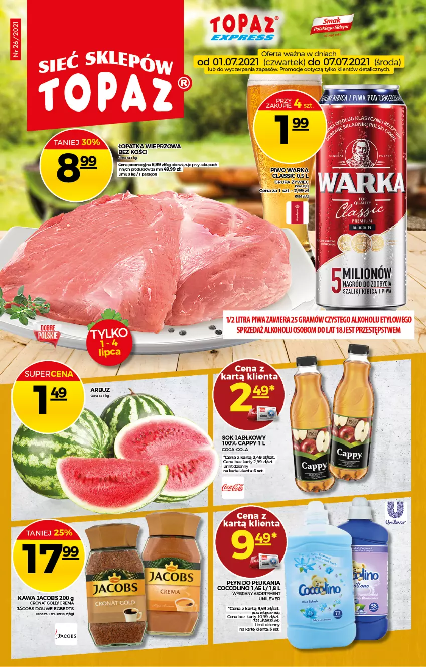 Gazetka promocyjna Topaz - Gazetka - ważna 01.07 do 07.07.2021 - strona 1 - produkty: Cappy, Coca-Cola, Jacobs, Kawa, Sok, Sok jabłkowy