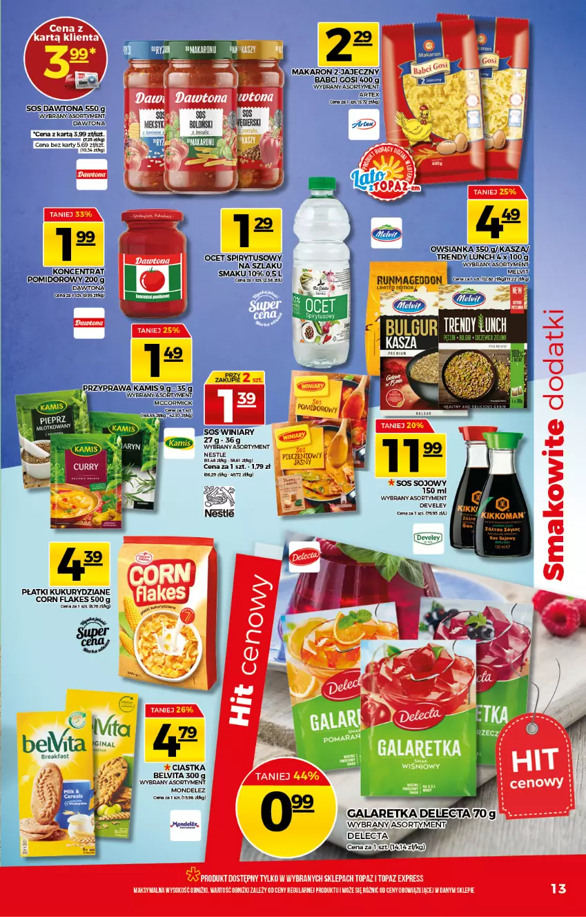 Gazetka promocyjna Topaz - Gazetka - ważna 01.07 do 07.07.2021 - strona 13 - produkty: BelVita, Ciastka, Corn flakes, Delecta, Gala, Galaretka, Kamis, Makaron, Ocet, Sok, Sos, Sos sojowy, Top