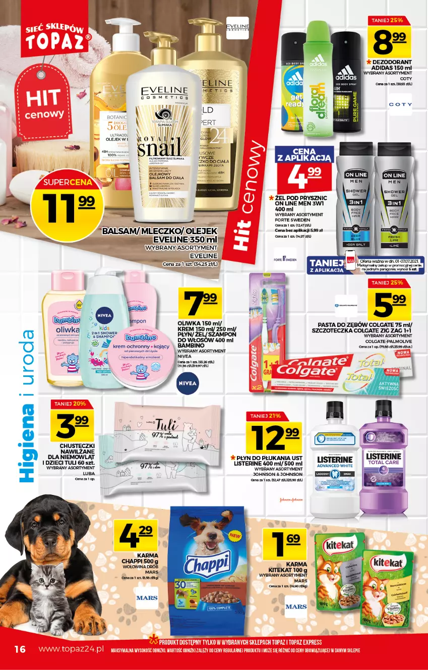 Gazetka promocyjna Topaz - Gazetka - ważna 01.07 do 07.07.2021 - strona 16 - produkty: Adidas, Chusteczki, Colgate, Dezodorant, Dzieci, Eveline, LG, Listerine, Mars, Mleczko, Olej, Palmolive, Pasta do zębów, Płyn do płukania, Szczoteczka