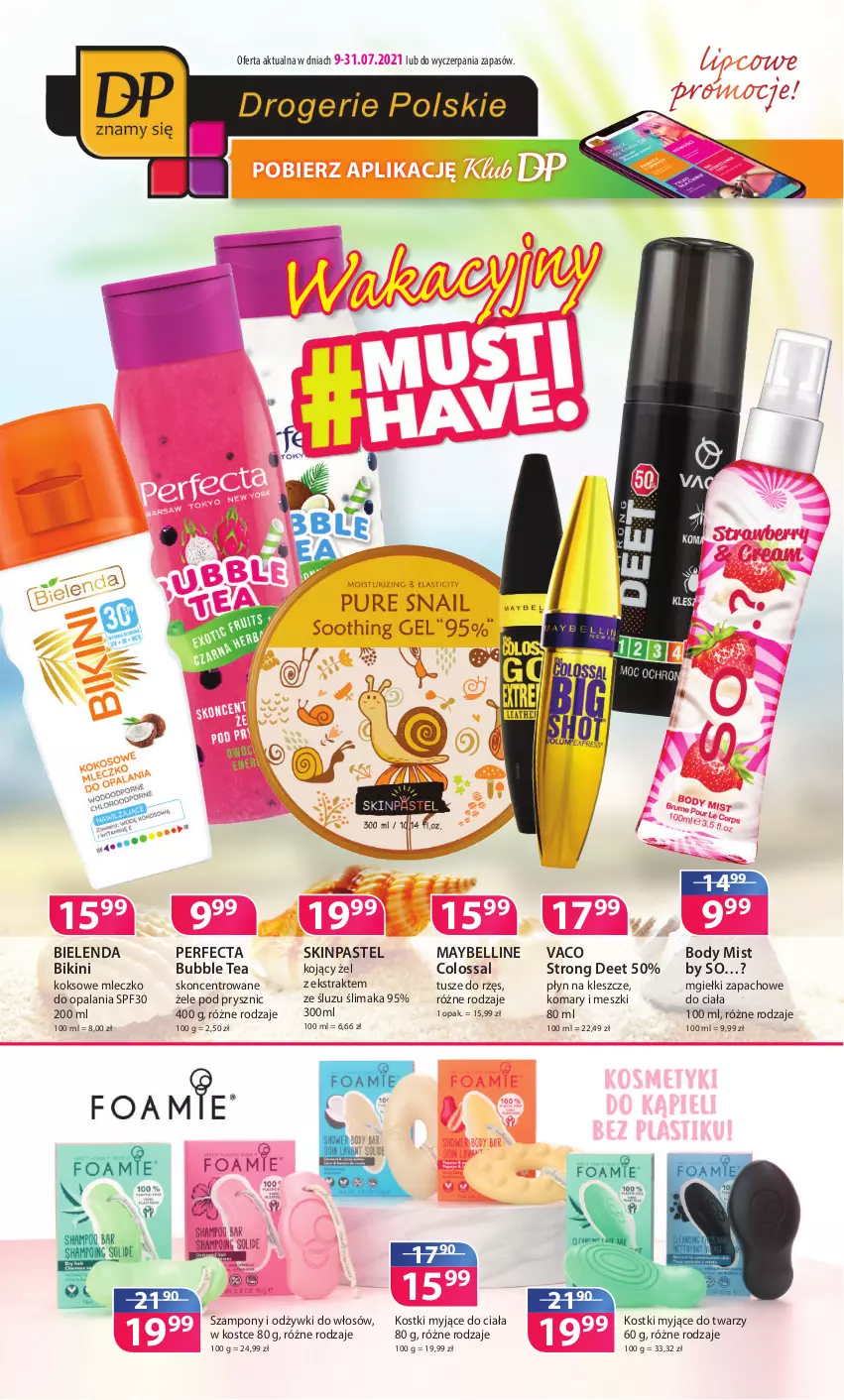 Gazetka promocyjna Drogerie Polskie - Gazetka - ważna 09.07 do 31.07.2021 - strona 1 - produkty: Bell, Bielenda, Bikini, Body, Maybelline, Mleczko, Perfecta, Szampon, Tusz