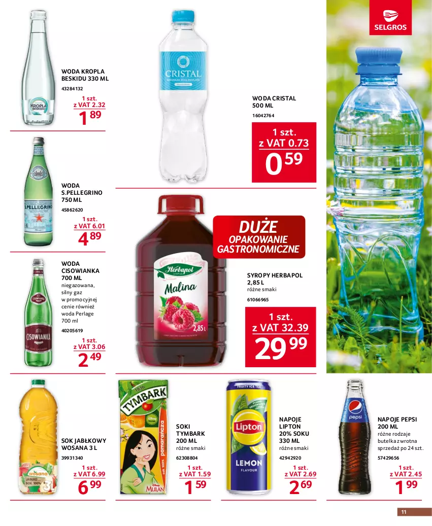 Gazetka promocyjna Selgros - Oferta gastronomiczna - ważna 01.06 do 14.06.2023 - strona 11 - produkty: Cisowianka, Herbapol, Lipton, Napoje, Pepsi, Sok, Sok jabłkowy, Syrop, Syropy, Tymbark, Woda, Wosana