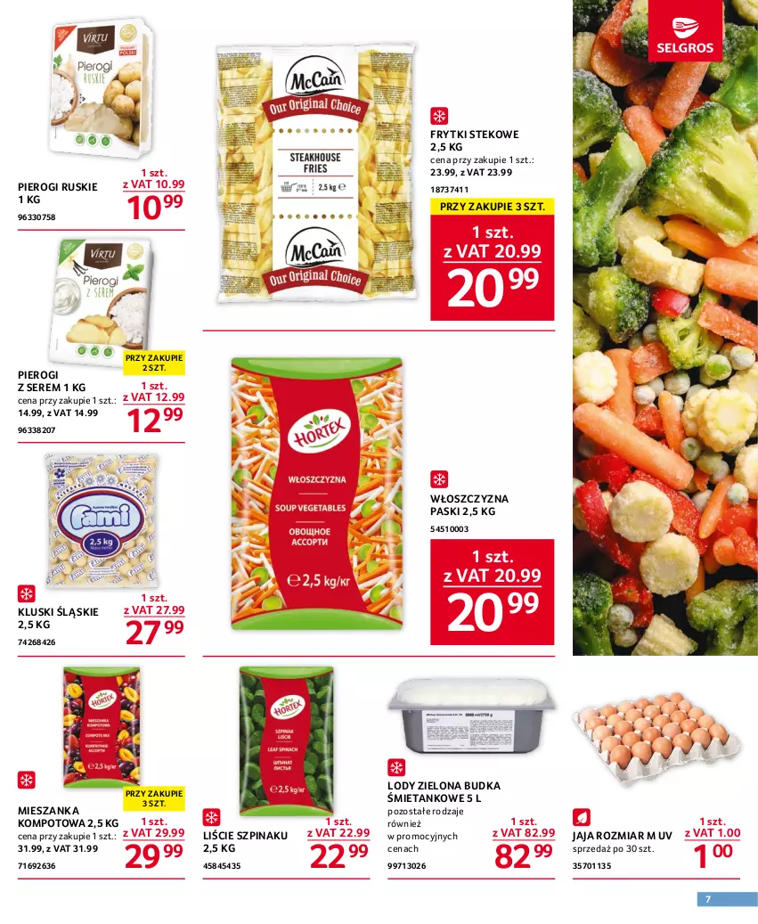 Gazetka promocyjna Selgros - Oferta gastronomiczna - ważna 01.06 do 14.06.2023 - strona 7 - produkty: Frytki, Jaja, Lody, Mieszanka kompotowa, Pierogi, Ser, Stek, Szpinak, Zielona Budka