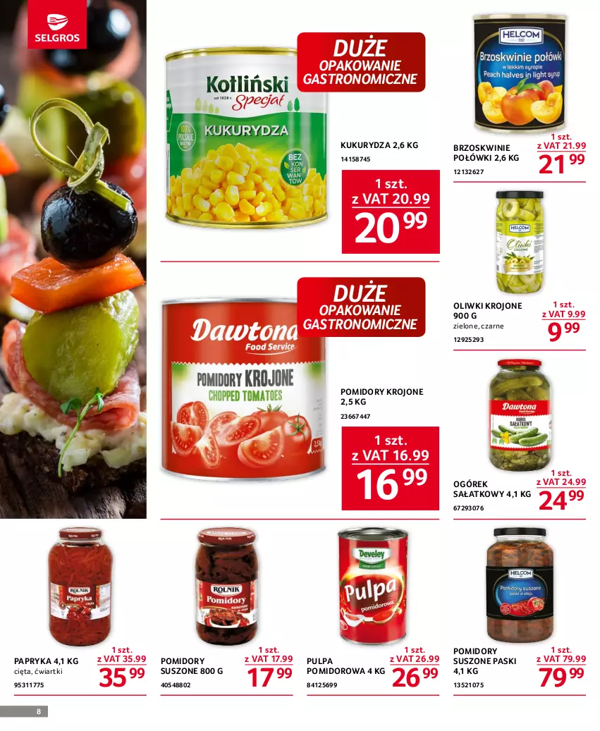 Gazetka promocyjna Selgros - Oferta gastronomiczna - ważna 01.06 do 14.06.2023 - strona 8 - produkty: Brzoskwinie, Kukurydza, Ogórek, Oliwki, Papryka, Pomidory, Pomidory krojone, Pulpa pomidorowa, Sałat