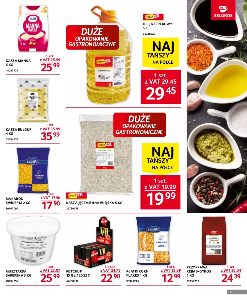 Gazetka promocyjna Selgros - Oferta gastronomiczna - ważna 01.06 do 14.06.2023 - strona 9 - produkty: Bulgur, Corn flakes, Gyros, Kasza, Kasza jęczmienna, Kebab, Ketchup, LG, Makaron, Mus, Musztarda, Olej, Olej rzepakowy