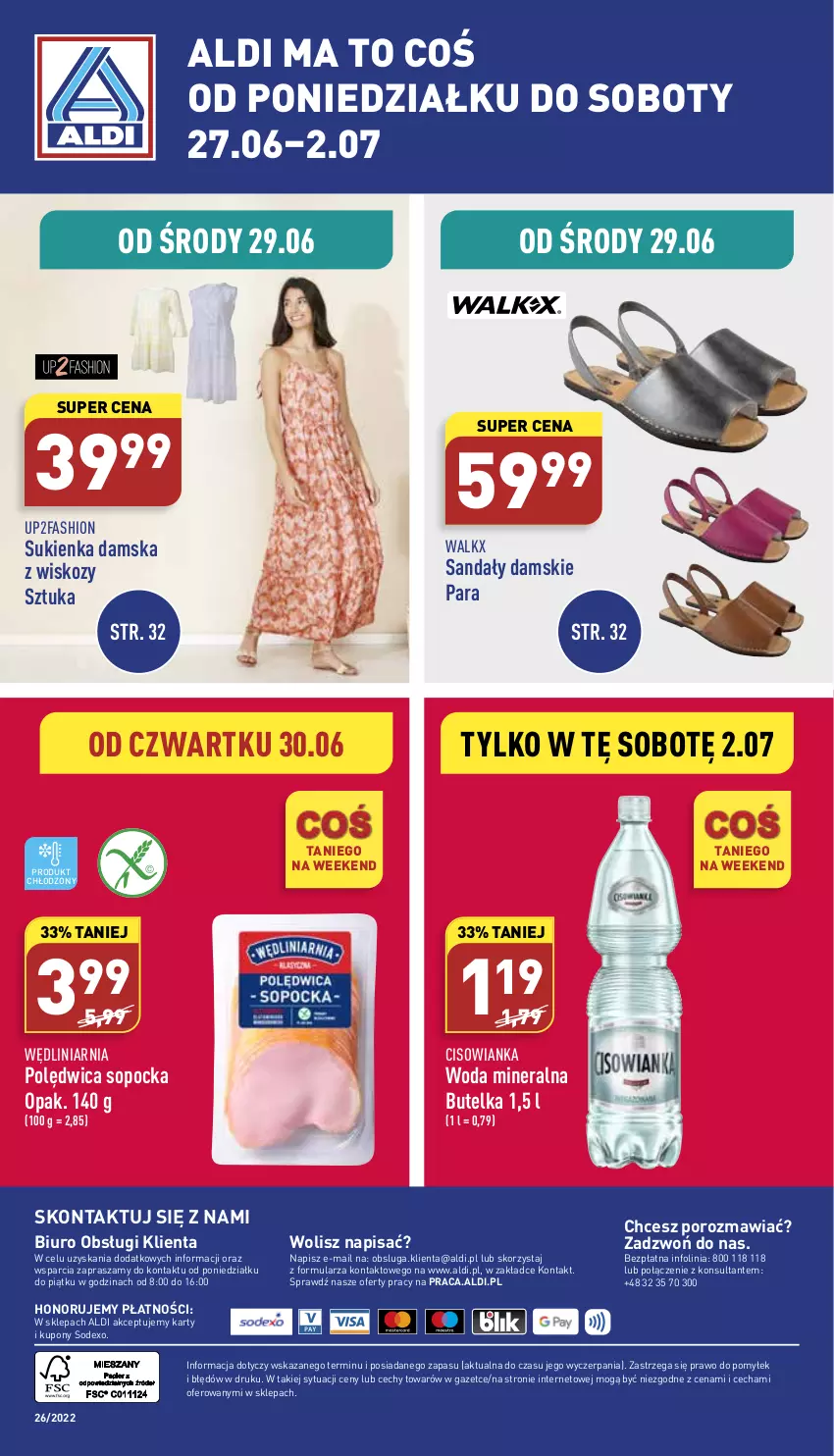 Gazetka promocyjna Aldi - Zaplanuj zakupy wcześniej - ważna 27.06 do 02.07.2022 - strona 16 - produkty: Biuro, Cisowianka, Fa, O nas, Polędwica, Por, Sandał, Sukienka, Woda, Woda mineralna