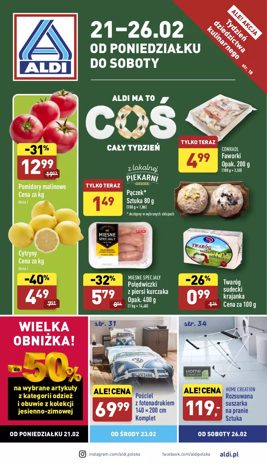 Gazetka promocyjna Aldi - Pełny katalog - ważna 21.02 do 26.02.2022 - strona 1 - produkty: Cytryny, Fa, Faworki, Gra, Kurczak, Mięsne specjały, Obuwie, Pączek, Pomidory, Pościel, Suszarka, Suszarka na pranie, Tera, Twaróg