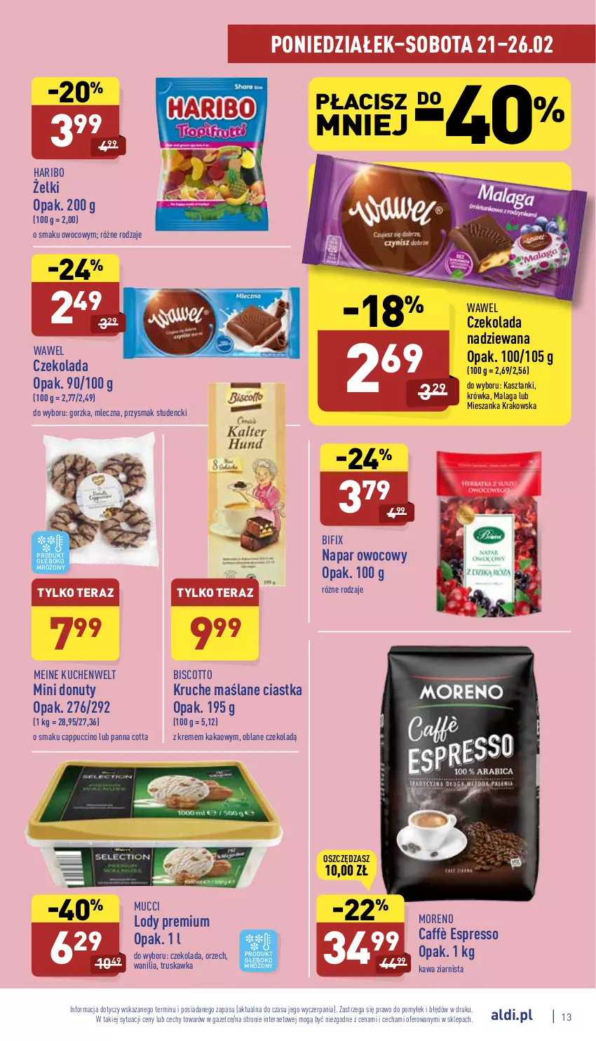 Gazetka promocyjna Aldi - Pełny katalog - ważna 21.02 do 26.02.2022 - strona 13 - produkty: Cappuccino, Ciastka, Czekolada, Czekolada nadziewana, Donut, Haribo, Kakao, Kawa, Kawa ziarnista, Lody, Nuty, Panna cotta, Tera, Wawel