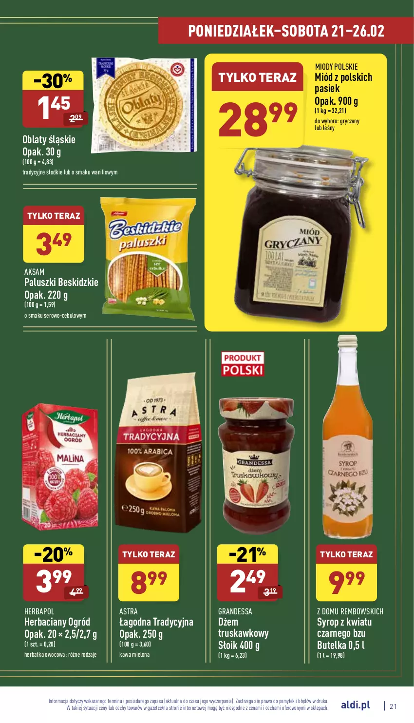 Gazetka promocyjna Aldi - Pełny katalog - ważna 21.02 do 26.02.2022 - strona 21 - produkty: Aksam, Beskidzki, Dżem, Gra, Gry, Herbapol, Kawa, Kawa mielona, Miód, Ogród, Ser, Syrop, Tera