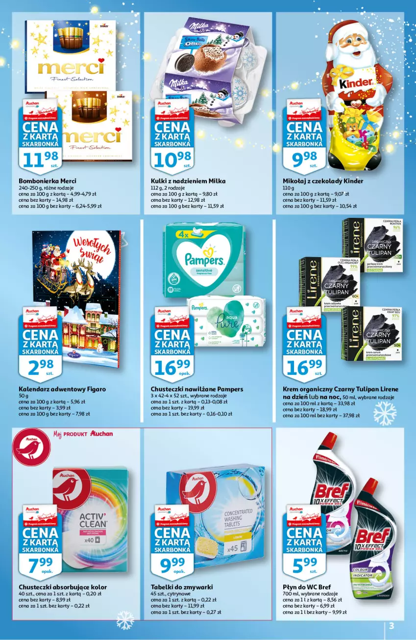 Gazetka promocyjna Auchan - Skarbonka #46 - ważna 18.11 do 24.11.2021 - strona 3 - produkty: Bref, Chusteczki, Fa, Kalendarz, Kalendarz adwentowy, Kinder, Lirene, Merci, Milka, Pampers, Perła, Płyn do wc, Tulipan, Zmywarki