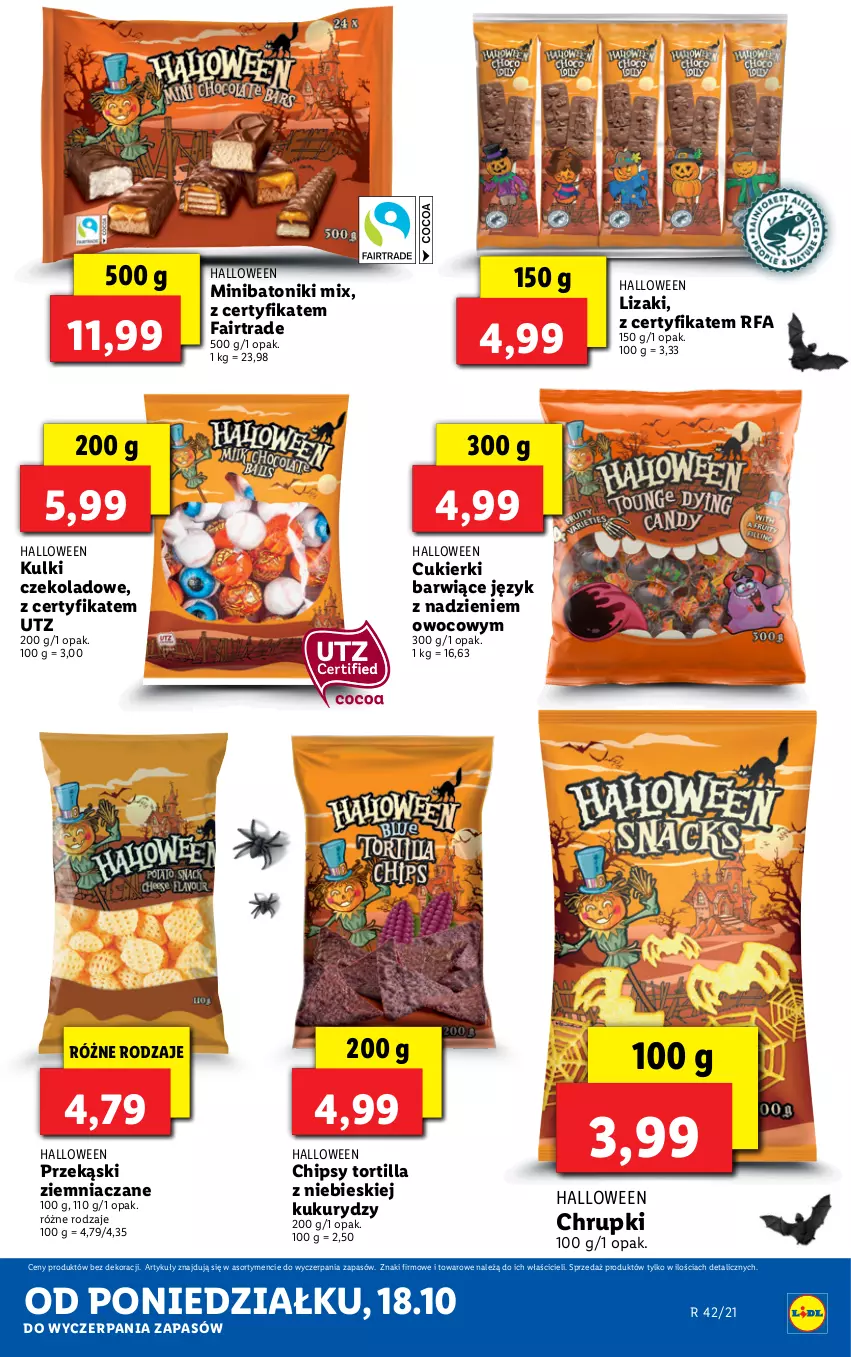 Gazetka promocyjna Lidl - KATALOG Z OFERTĄ NA HALLOWEEN - ważna 18.10 do 22.10.2021 - strona 5 - produkty: Baton, Chipsy, Chrupki, Cukier, Cukierki, Fa, Lizaki, Tonik, Tortilla