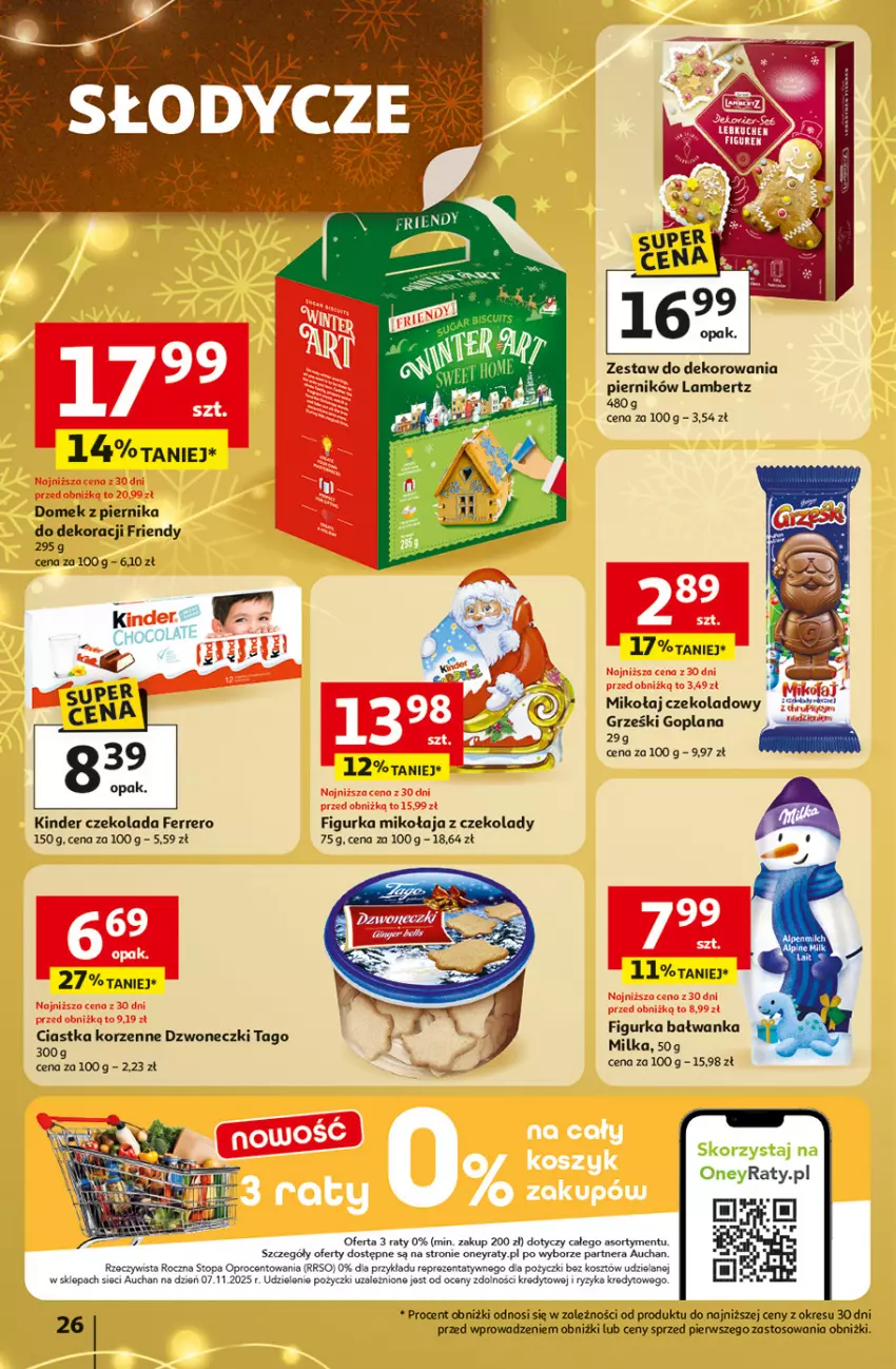 Gazetka promocyjna Auchan - Gazetka Święta jak babcię kocham Hipermarket Auchan - ważna 27.11 do 03.12.2025 - strona 26 - produkty: Ciastka, Czekolada, Fa, Ferrero, Figurka bałwan, Goplana, Grześki, Kinder, Kosz, LANA, Milka, Piernik, Tago, Top