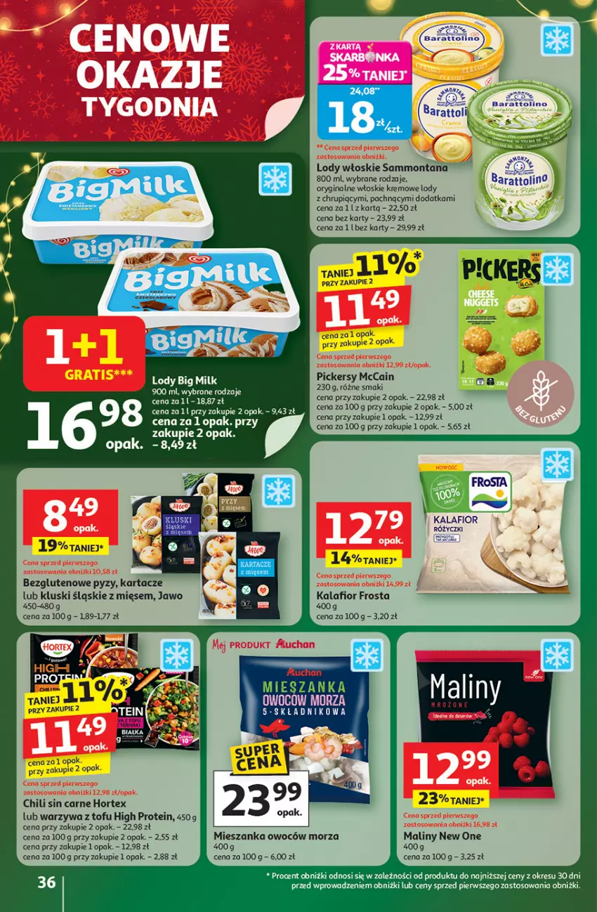 Gazetka promocyjna Auchan - Gazetka Święta jak babcię kocham Hipermarket Auchan - ważna 27.11 do 03.12.2025 - strona 36 - produkty: Big Milk, Frosta, Gin, Hortex, Kalafior, Lody, Maliny, McCain, Tofu, Warzywa