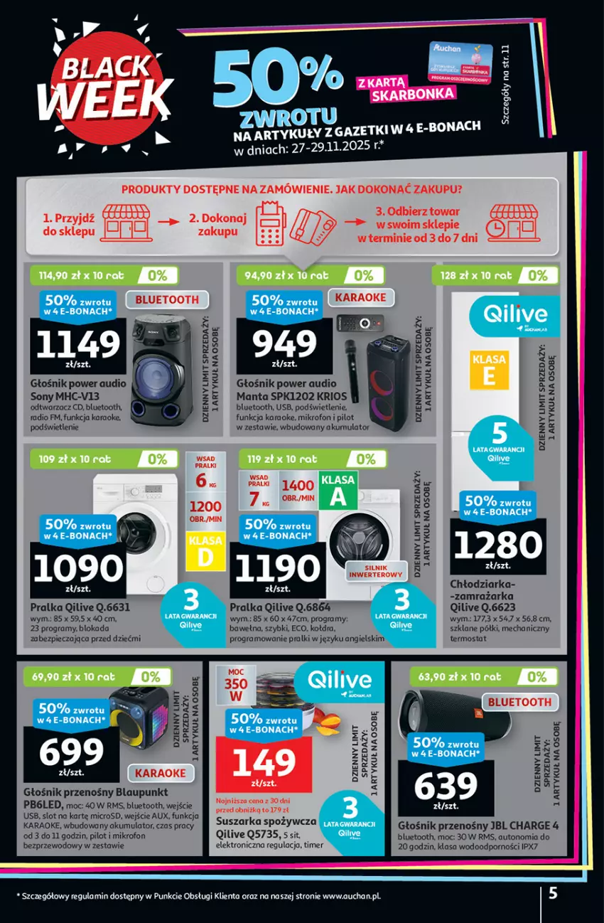 Gazetka promocyjna Auchan - Gazetka Święta jak babcię kocham Hipermarket Auchan - ważna 27.11 do 03.12.2025 - strona 5 - produkty: Akumulator, Chłodziarka, Głośnik, Gra, JBL, Kołdra, LG, Manta, Mikrofon, Piec, Por, Power audio, Pralka, Pralki, Sony, Suszarka, Termos, Wełna, Zamrażarka