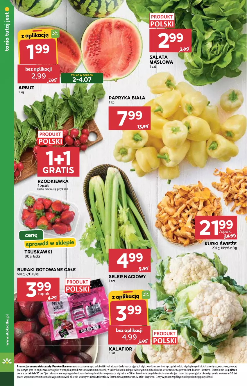 Gazetka promocyjna Stokrotka - Market - ważna 02.07 do 08.07.2026 - strona 10 - produkty: Arbuz, Buraki, Gra, Kalafior, Masło, Mięso, Optima, Owoce, Papryka, Papryka biała, Rzodkiewka, Sałat, Sałata masłowa, Seler naciowy, Truskawki, Warzywa