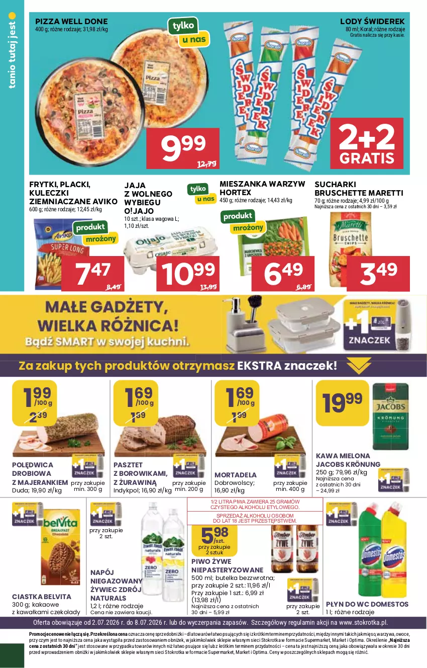 Gazetka promocyjna Stokrotka - Market - ważna 02.07 do 08.07.2026 - strona 20 - produkty: BelVita, Bruschette, Ciastka, Domestos, Duda, Frytki, Gra, Hortex, Jacobs, Jacobs Krönung, Jaja, Kakao, Kawa, Kawa mielona, Lack, Lody, Mięso, Mieszanka warzyw, Napój, Napój niegazowany, Optima, Owoce, Pasztet, Piwa, Piwo, Pizza, Płyn do wc, Polędwica, Warzywa