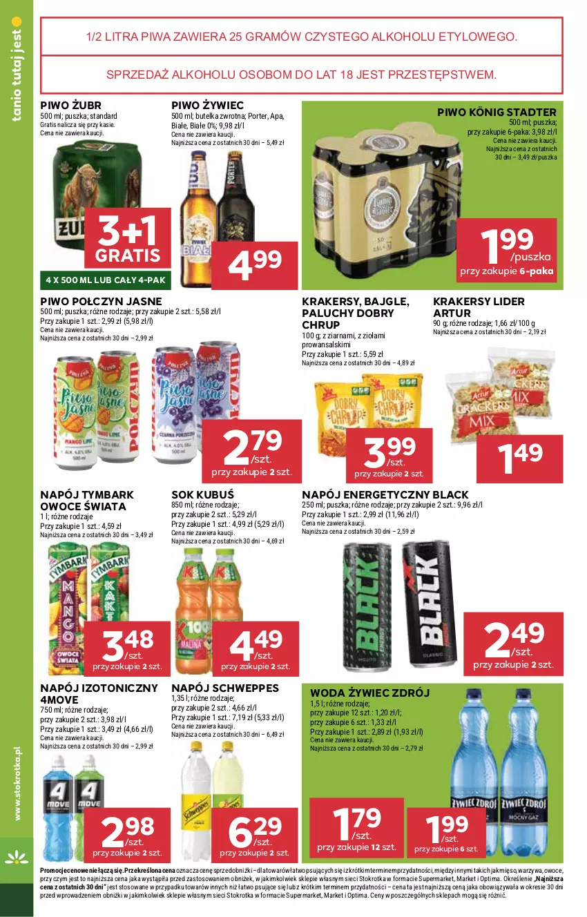 Gazetka promocyjna Stokrotka - Market - ważna 02.07 do 08.07.2026 - strona 24 - produkty: Artur, Bajgle, Gra, König, Krakersy, Kubuś, Lack, Mięso, Napój, Napój energetyczny, Napój izotoniczny, Optima, Owoce, Piwa, Piwo, Por, Schweppes, Sok, Tymbark, Warzywa, Woda