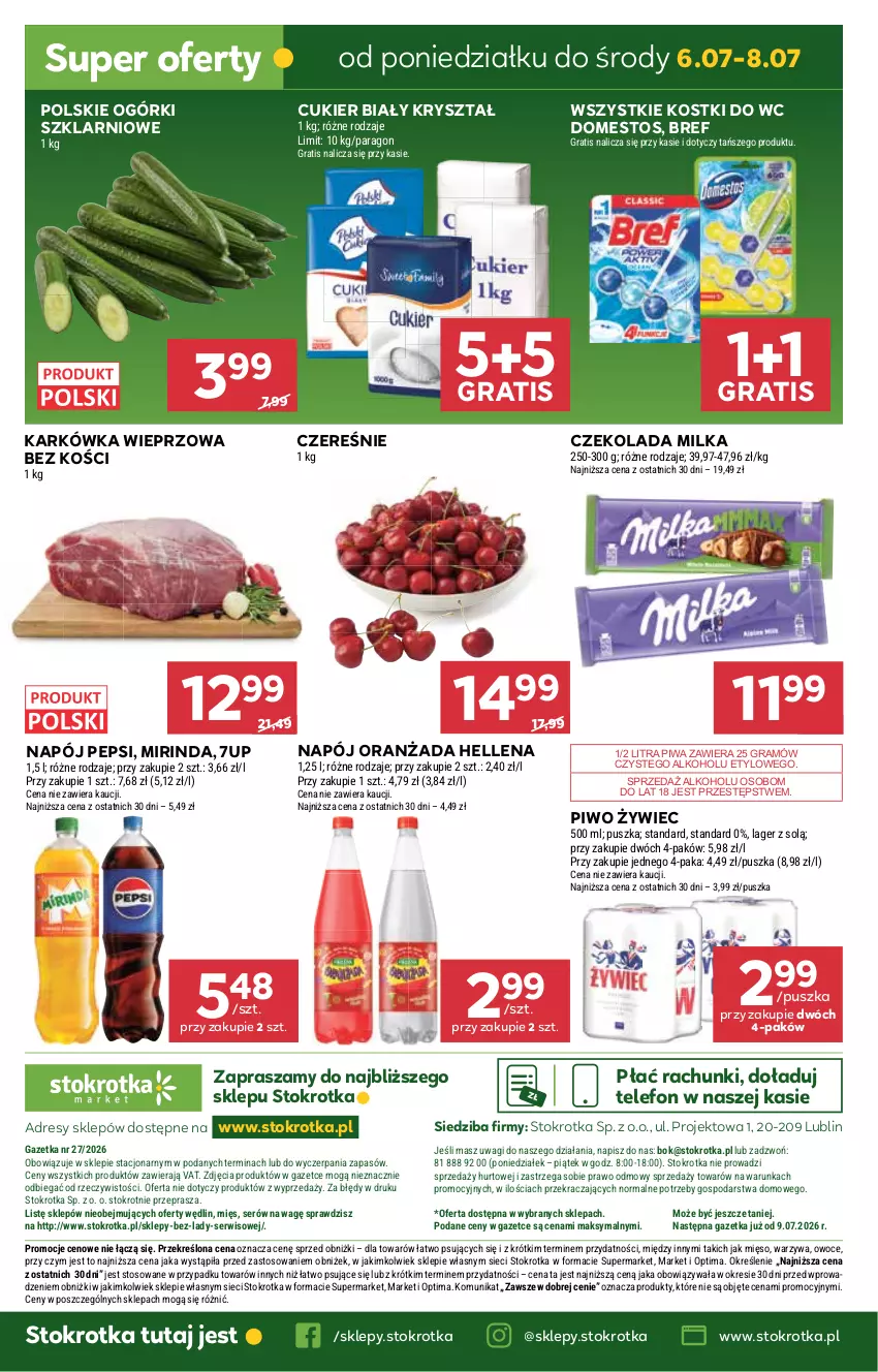 Gazetka promocyjna Stokrotka - Market - ważna 02.07 do 08.07.2026 - strona 31 - produkty: 7up, Bref, Cukier, Czekolada, Domestos, Dres, Gra, Hellena, JBL, Karkówka wieprzowa, Mięso, Milka, Mirinda, Napój, O nas, Optima, Oranżada, Owoce, Pepsi, Piwa, Piwo, Ser, Telefon, Wagi, Warzywa
