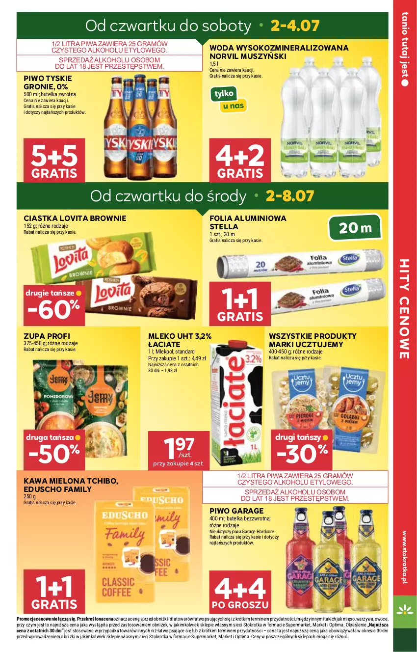 Gazetka promocyjna Stokrotka - Market - ważna 02.07 do 08.07.2026 - strona 5 - produkty: Brownie, Ciastka, Fa, Folia aluminiowa, Gra, Kawa, Kawa mielona, Lovi, Mięso, Mleko, Mus, Optima, Owoce, Piwa, Piwo, Sok, Tchibo, Tyskie, Warzywa, Woda, Zupa