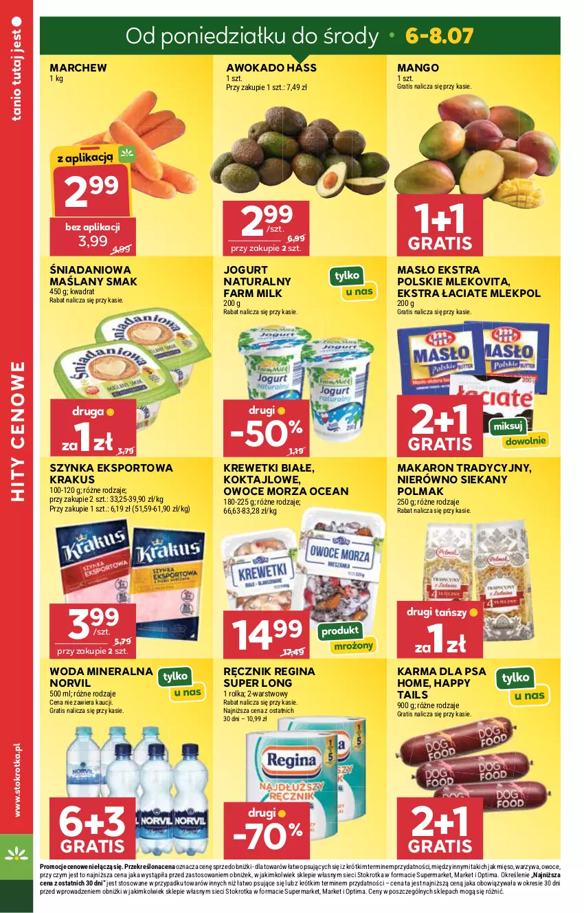 Gazetka promocyjna Stokrotka - Market - ważna 02.07 do 08.07.2026 - strona 6 - produkty: Danio, Fa, Farm Milk, Gin, Gra, Jogurt, Jogurt naturalny, Krakus, Krewetki, Makaron, Mango, Masło, Mięso, Mleko, Mlekovita, Olma, Optima, Owoce, Owoce morza, Por, Ręcznik, Sport, Szynka, Warzywa, Woda, Woda mineralna