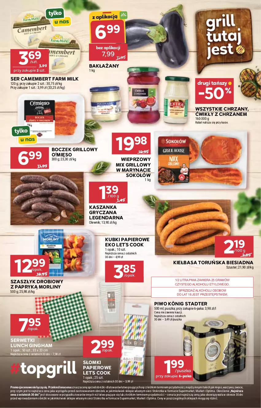 Gazetka promocyjna Stokrotka - Market - ważna 02.07 do 08.07.2026 - strona 7 - produkty: Boczek, Camembert, Chrzan, Fa, Farm Milk, Gin, Gra, Grill, Gry, Kasza, Kaszanka, Kiełbasa, König, Mięso, Morliny, Olewnik, Optima, Owoce, Papier, Piwa, Piwo, Ser, Serwetki, Sok, Sokołów, Warzywa