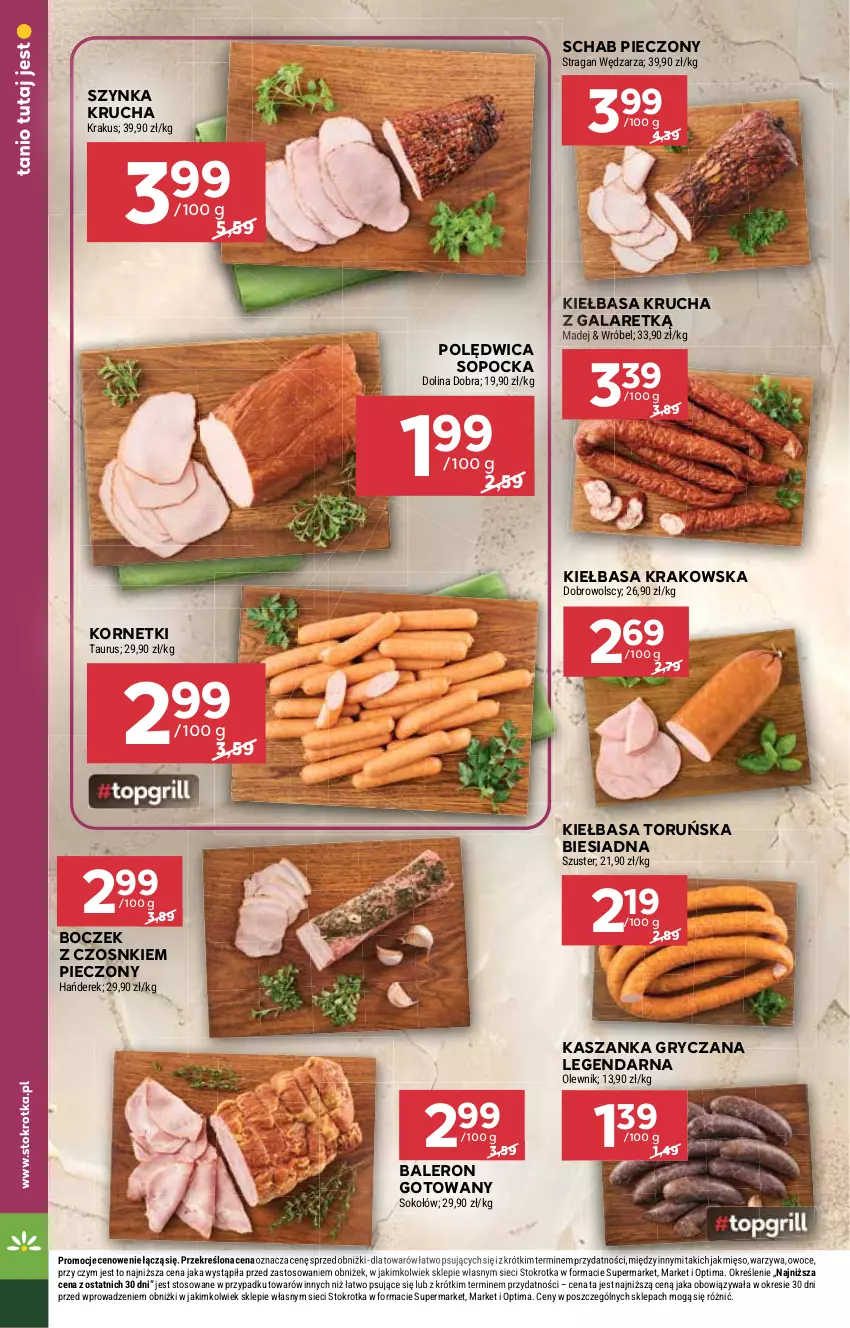 Gazetka promocyjna Stokrotka - Market - ważna 02.07 do 08.07.2026 - strona 8 - produkty: Boczek, Gala, Gry, Kasza, Kaszanka, Kiełbasa, Kiełbasa krakowska, Kiełbasa krucha, Krakus, Mięso, Olewnik, Optima, Owoce, Piec, Polędwica, Schab pieczony, Sok, Sokołów, Szynka, Warzywa