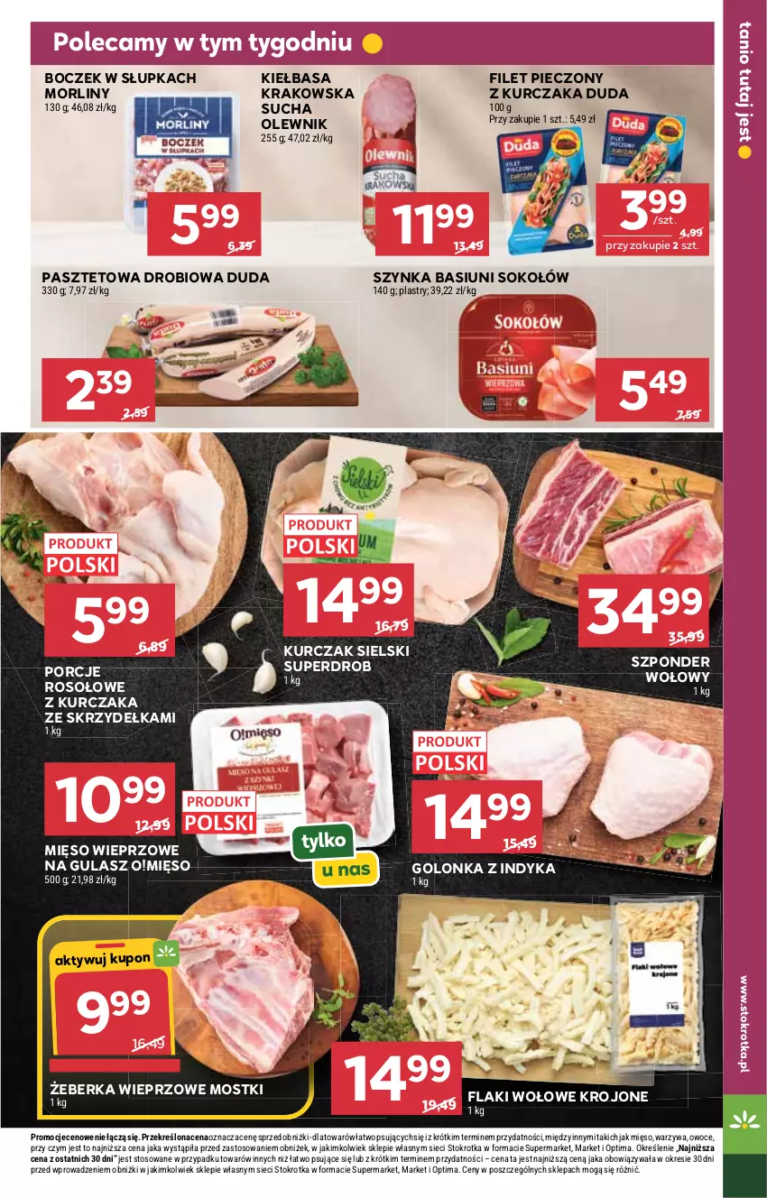 Gazetka promocyjna Stokrotka - Market - ważna 02.07 do 08.07.2026 - strona 9 - produkty: Boczek, Duda, Flaki, Golonka z indyka, Kiełbasa, Kiełbasa krakowska, Kurczak, Mięso, Mięso wieprzowe, Morliny, Olewnik, Optima, Owoce, Pasztet, Piec, Por, Sok, Sokołów, Szponder wołowy, Szynka, Warzywa