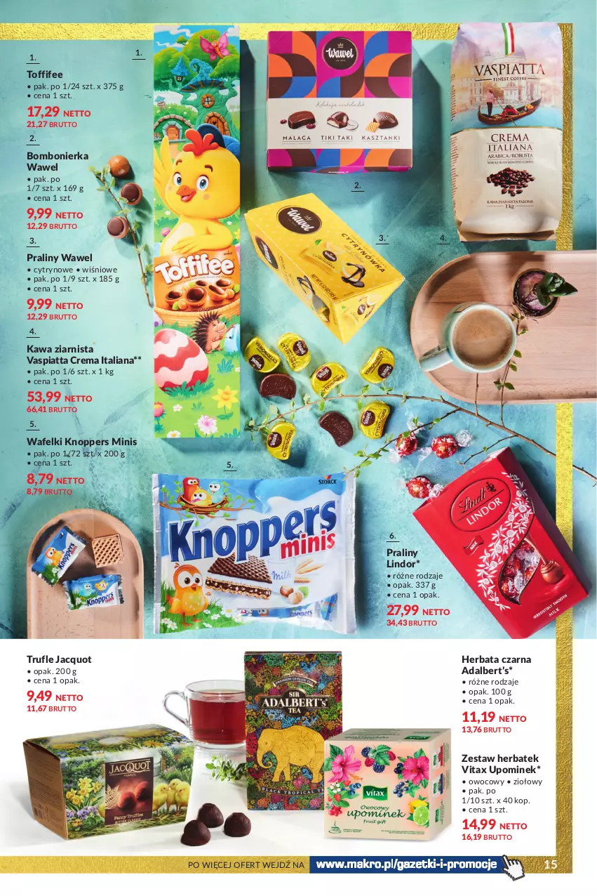 Gazetka promocyjna Makro - Smakuj Święta - ważna 19.03 do 30.03.2024 - strona 15 - produkty: Herbata, Herbata czarna, Kawa, Kawa ziarnista, Knoppers, Lindor, Praliny, Toffifee, Vitax, Wawel