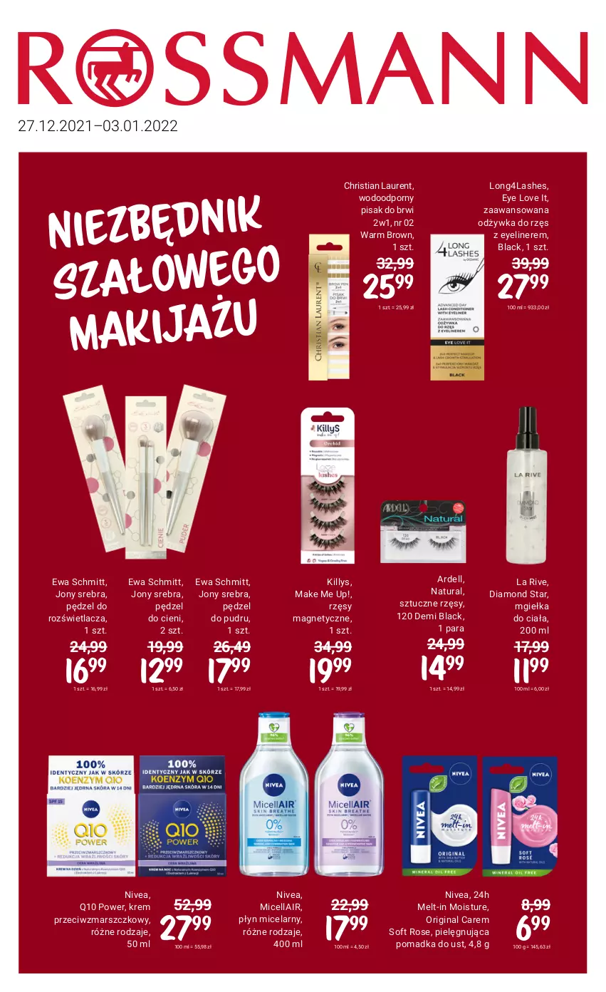 Gazetka promocyjna Rossmann - Makijaż - ważna 01.01 do 03.01.2022 - strona 1 - produkty: Dell, Ewa Schmitt, Gin, Killys, Krem przeciwzmarszczkowy, La Rive, Lack, Laur, Makijaż, Mars, Nivea, Odżywka, Pędzel do pudru, Płyn micelarny, Por, Rozświetlacz, Sztuczne rzęsy