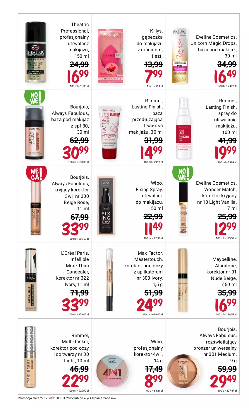 Gazetka promocyjna Rossmann - Makijaż - ważna 01.01 do 03.01.2022 - strona 2 - produkty: Always, Bell, Bourjois, Bronzer, Eveline, Fa, Finish, Gra, Granat, Killys, L’Oréal, Makijaż, Max Factor, Maybelline, Wibo