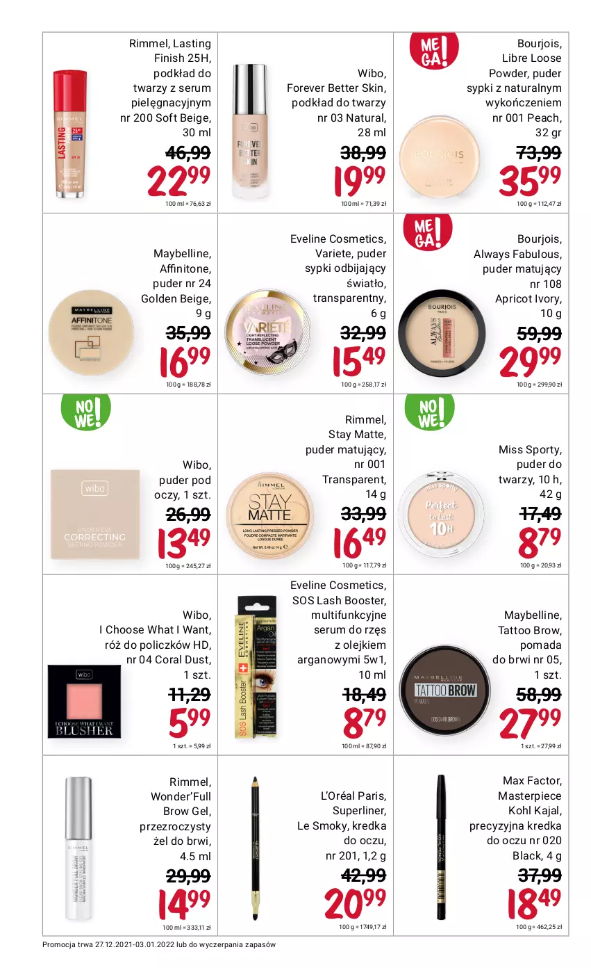 Gazetka promocyjna Rossmann - Makijaż - ważna 01.01 do 03.01.2022 - strona 4 - produkty: Always, Bell, Booster, Bourjois, Eveline, Fa, Finish, Kredka, L’Oréal, Lack, Max Factor, Maybelline, Miss Sporty, Olej, Piec, Podkład, Podkład do twarzy, Pomada, Pomada do brwi, Por, Puder, Puder do twarzy, Róż do policzków, Rum, Ser, Serum, Sos, Sport, Tran, Wibo