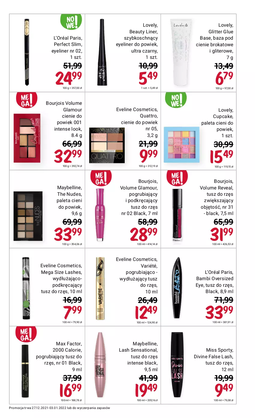 Gazetka promocyjna Rossmann - Makijaż - ważna 01.01 do 03.01.2022 - strona 5 - produkty: Bell, Bourjois, Divine, Eveline, Fa, L’Oréal, Lack, Lovely, Max Factor, Maybelline, Miss Sporty, Paleta, Por, Sati, Sport, Tusz