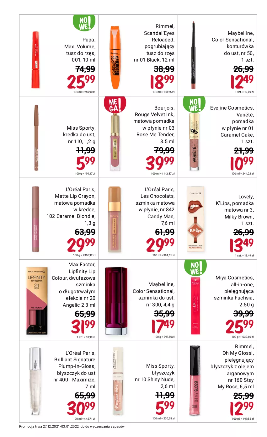 Gazetka promocyjna Rossmann - Makijaż - ważna 01.01 do 03.01.2022 - strona 6 - produkty: Bell, Błyszczyk do ust, Bourjois, Candy, Eveline, Fa, Inka, Konturówka do ust, Kredka, L’Oréal, Lack, Lovely, Max Factor, Maybelline, Miss Sporty, Miya Cosmetics, Olej, Por, Pupa, Sati, Sport, Szminka, Tusz, Velvet