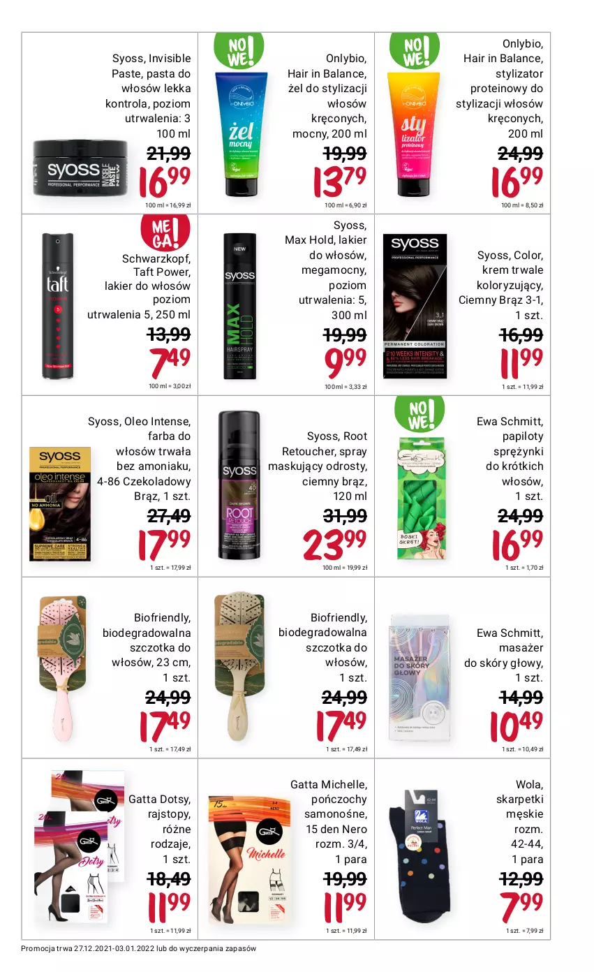 Gazetka promocyjna Rossmann - Makijaż - ważna 01.01 do 03.01.2022 - strona 9 - produkty: Ewa Schmitt, Fa, Farba do włosów, Gatta, Gra, Karp, Lakier, Lakier do włosów, Masażer, Oleo, Pończochy, Rajstopy, Schwarzkopf, Skarpetki, Syoss, Szczotka, Szczotka do włosów, Taft, Top